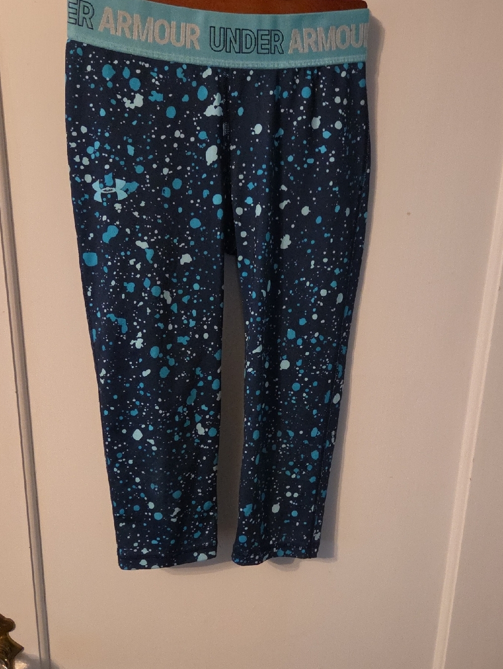 Under Armour Navy Leggings with Teal Splatter and Branded Waistband